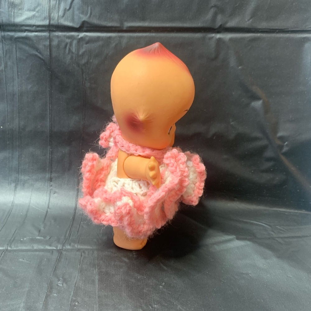 Kewpie Doll Rubber with Crochet knit Dress Pink and White Collectible Vintage - Picture 4 of 9